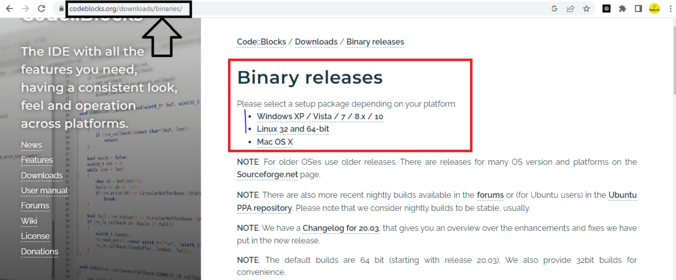 Codeblocks Dowloading site.